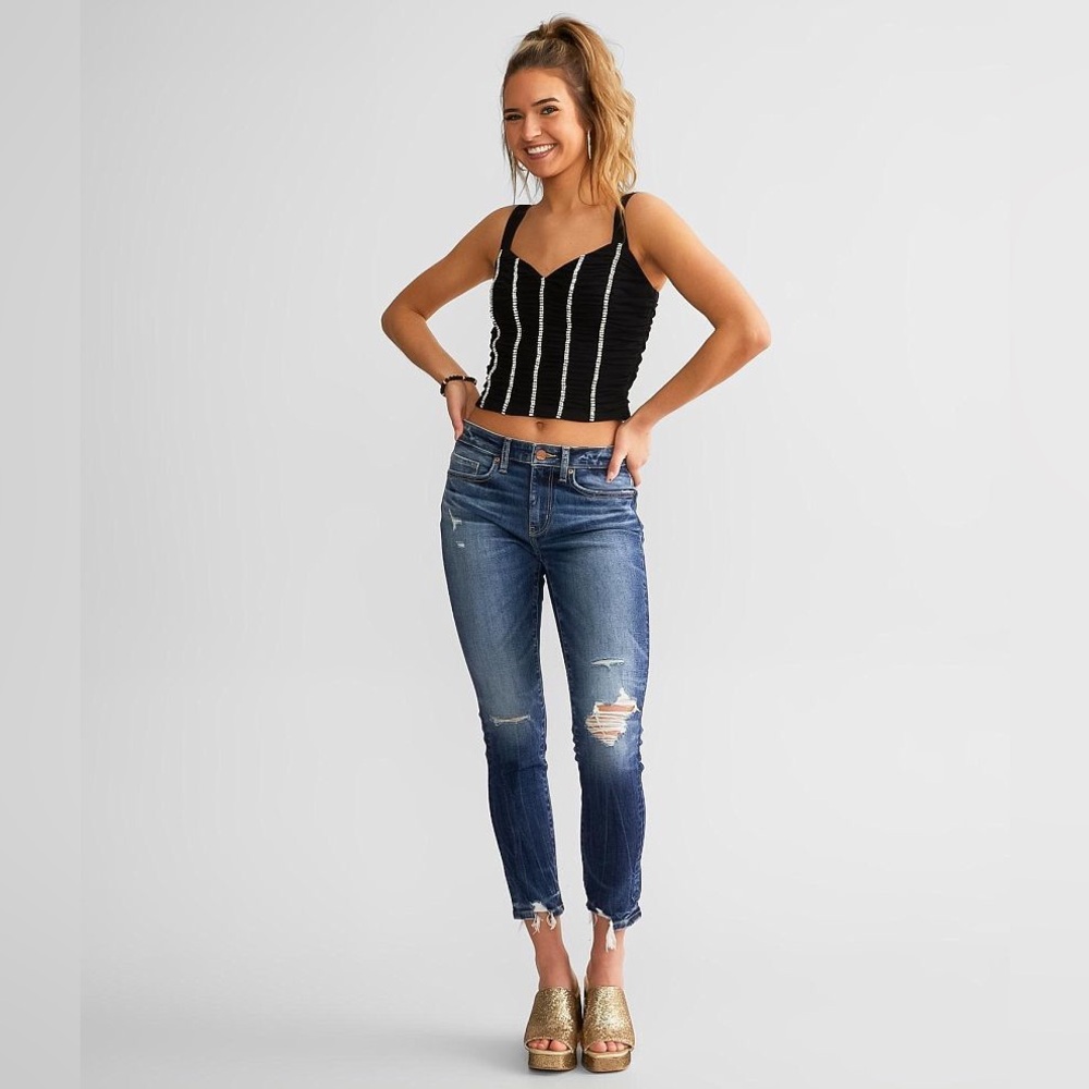 BLEIVY | Buckle black ruched rhinestone cropped sleeveless tank top